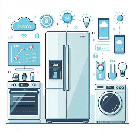 Illustration of modern fridge with different household appliances. Colorful flat vector illustration.のイラスト素材