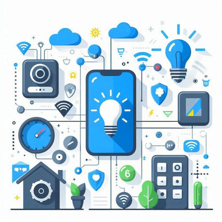 Smartphone with light bulb and icons on white background. Vector illustration.のイラスト素材