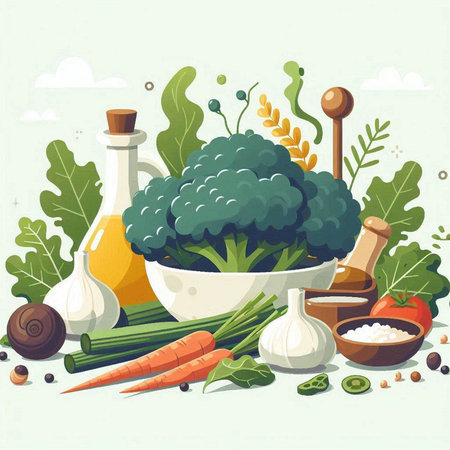 Healthy food background with vegetables and herbs. Vector illustration in flat style.のイラスト素材
