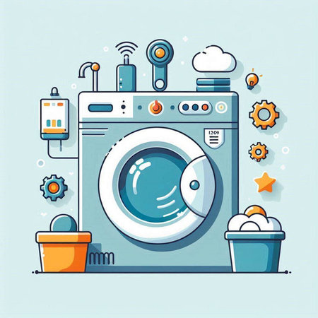 Washing machine. Vector illustration in flat design style. Isolated on blue background.のイラスト素材