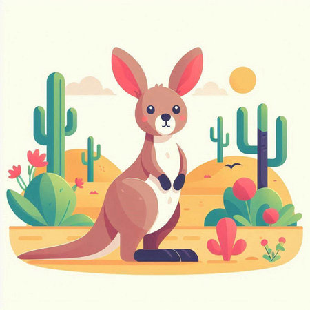 Kangaroo in the desert with cactuses. Vector illustrationのイラスト素材