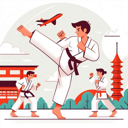 Taekwondo training in Japan. Vector illustration in flat styleのイラスト素材