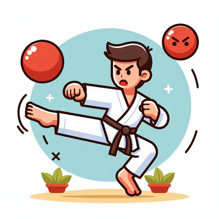 Taekwondo vector illustration. Cartoon karate man training.のイラスト素材