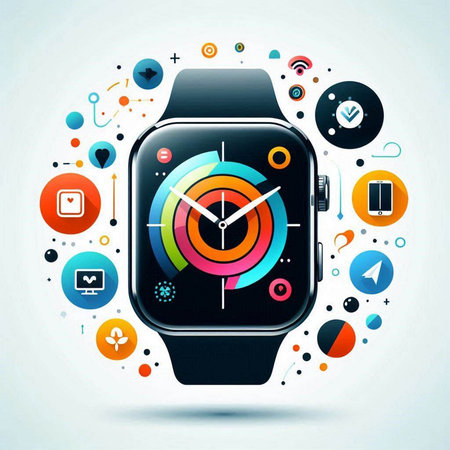 Smart watch with colorful application icons. Vector illustration. Technology concept.のイラスト素材