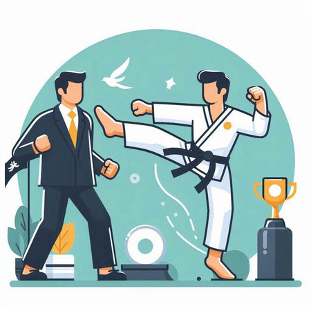 Taekwondo vector illustration. Cartoon karate man in suit trainingのイラスト素材