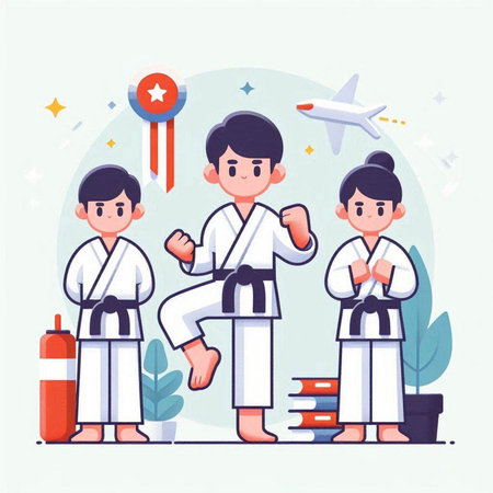 Taekwondo training. Kids in kimono. Vector illustration in flat styleのイラスト素材