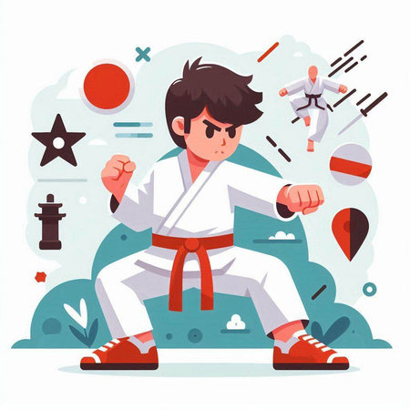 Taekwondo vector illustration. Cartoon karate man training.のイラスト素材