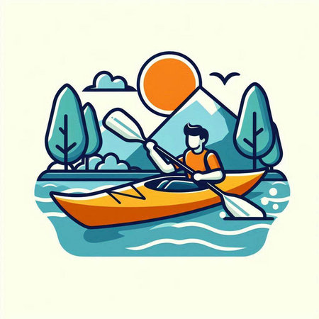 Man kayaking on the lake. Vector illustration in flat cartoon styleのイラスト素材
