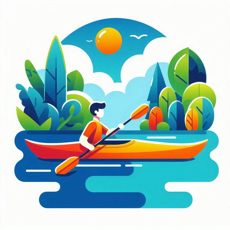 Man in a kayak on the lake. Flat style vector illustration.のイラスト素材