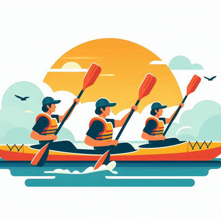 Kayaking on the river. Vector illustration in a flat style.のイラスト素材