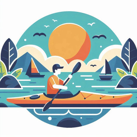 Man kayaking in the sea. Vector illustration in flat style.のイラスト素材