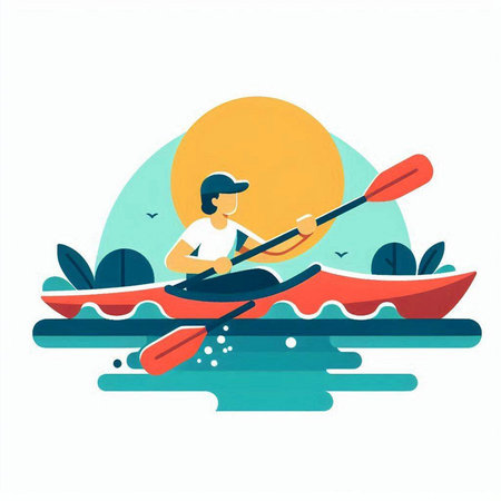 Man rowing a kayak on the river. Flat vector illustration.のイラスト素材