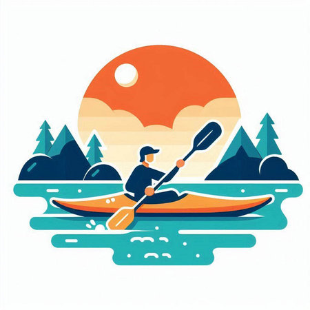 Kayaking in the mountains. Vector illustration of a man in a canoe.のイラスト素材