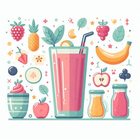 Fruit and berry smoothie. Healthy food concept. Vector illustrationのイラスト素材