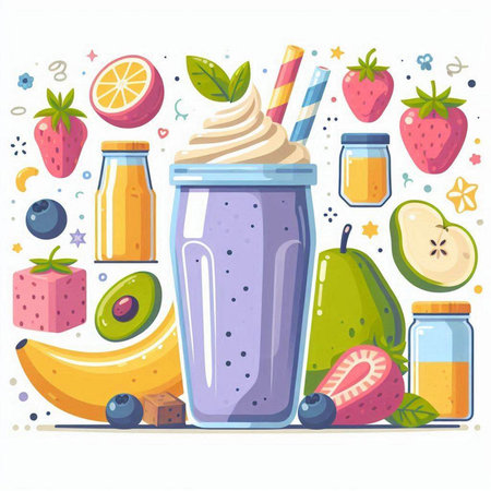 Healthy smoothie in a glass with fruits and berries. Vector illustration.のイラスト素材