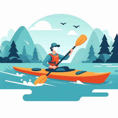 Man kayaking on the lake. Vector illustration in flat style.のイラスト素材