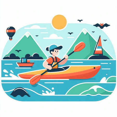 Kayaking. Vector illustration in flat cartoon style. Canoeing.のイラスト素材