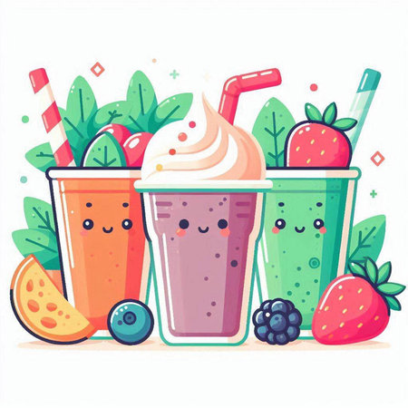 Fruit smoothies in plastic cups with straws. Vector illustration.のイラスト素材