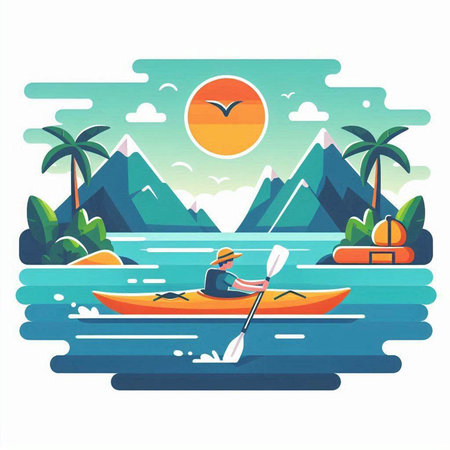Vector illustration of a man kayaking in the sea. Flat style.のイラスト素材
