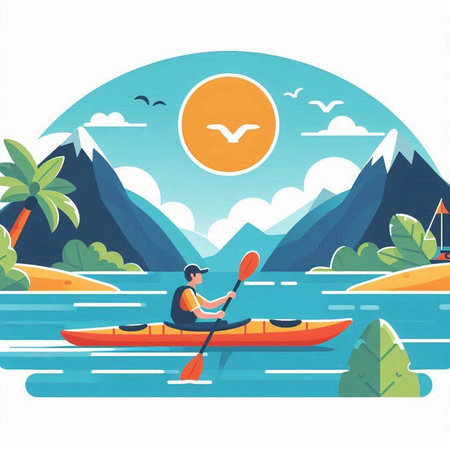 Kayaking on the lake. Vector illustration in flat cartoon style.のイラスト素材