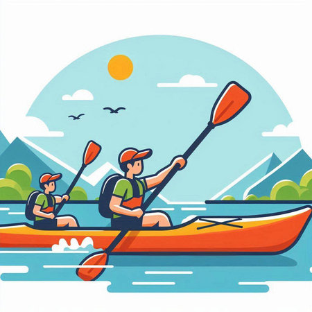 Man and woman kayaking in the river. Flat style vector illustration.のイラスト素材