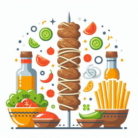 Vector illustration of kebab on skewer with vegetables and spices.のイラスト素材