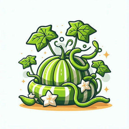 Cute cartoon watermelon with leaves and flowers. Vector illustration.のイラスト素材