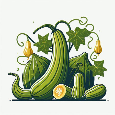 Illustration of zucchini with green leaves. Vector illustration.のイラスト素材