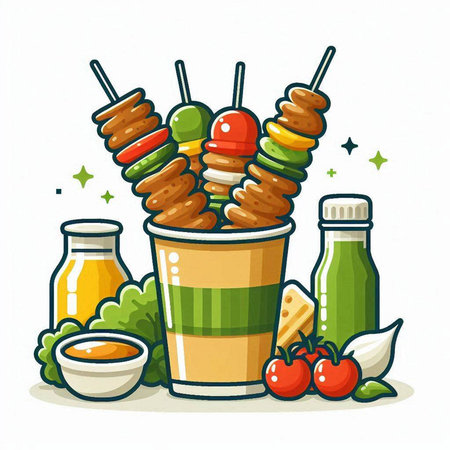Shish kebab in paper cup with sauce. Vector illustration.のイラスト素材