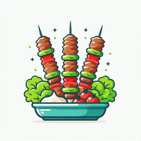 Vector illustration of shish kebab on skewers with green salad.のイラスト素材