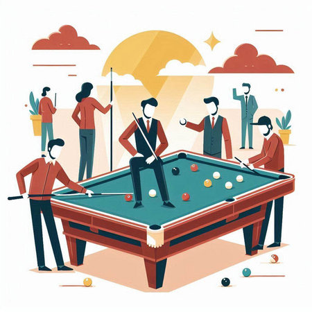 Vector illustration of people playing billiards, men and women in suits.のイラスト素材