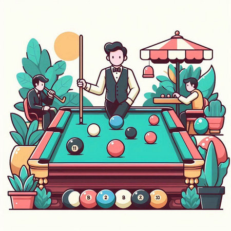 Vector illustration of people playing billiards in the park. Cartoon style.のイラスト素材