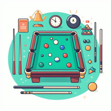 Billiard table with balls, cue, cue, snooker table. Vector illustration.のイラスト素材