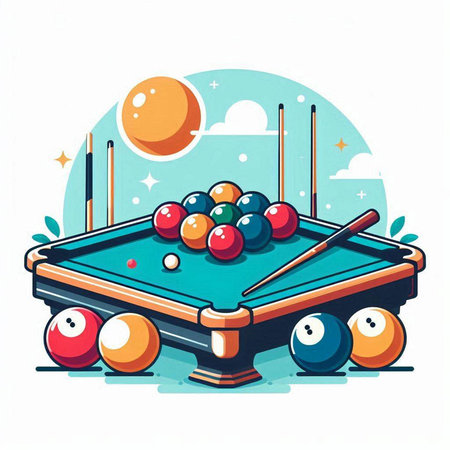 Billiard balls on a billiard table. Vector illustration in cartoon style.のイラスト素材