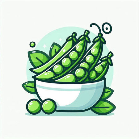 Peas in a bowl with leaves on a light background. Vector illustration.のイラスト素材