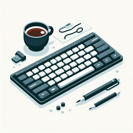 Keyboard, coffee cup, pencils and eraser on white backgroundのイラスト素材
