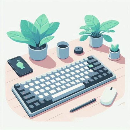 Workplace with keyboard, mouse, coffee cup and plant. Vector illustrationのイラスト素材