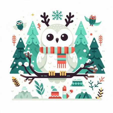 Christmas card with cute owl. Vector illustration in flat cartoon style.のイラスト素材