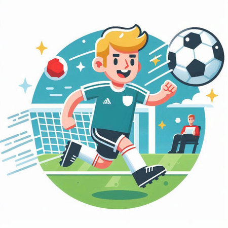 Soccer player in action on the field. Flat style vector illustration.のイラスト素材