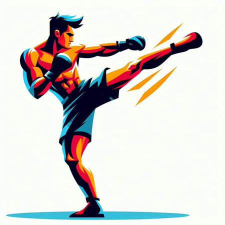 Boxer kicks a kick. Vector illustration on white background with space for text.のイラスト素材