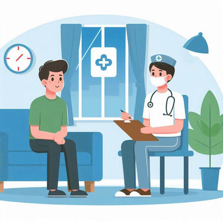 Doctor and patient in hospital room. Vector illustration in flat style.のイラスト素材