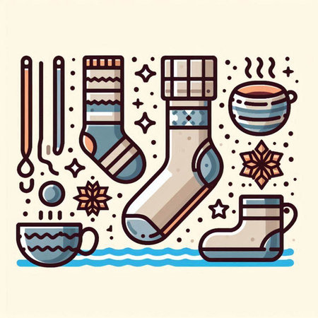 Vector linear illustration of Christmas and New Year elements. Socks, cups, candles, snowflakes, stars.のイラスト素材