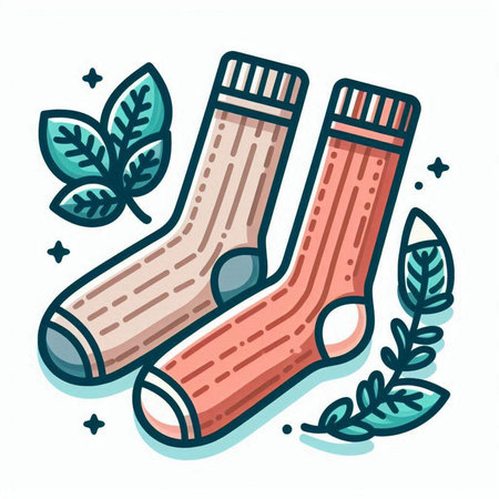 Socks with leaves. Vector illustration in doodle style.のイラスト素材