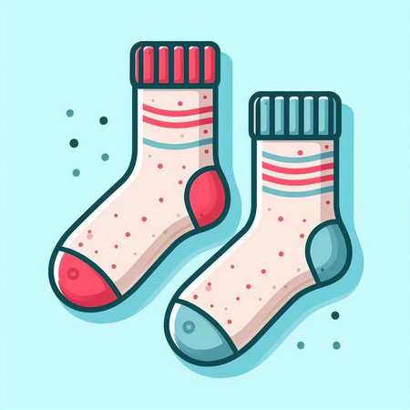 Vector illustration of pair of socks with pink dots on blue background.のイラスト素材