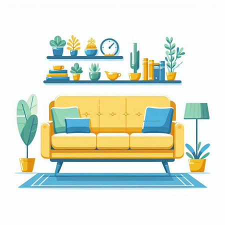 Modern living room interior with furniture and plants. Flat style vector illustration.のイラスト素材