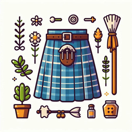 Scottish bagpipes and accessories. Vector illustration in flat style.のイラスト素材