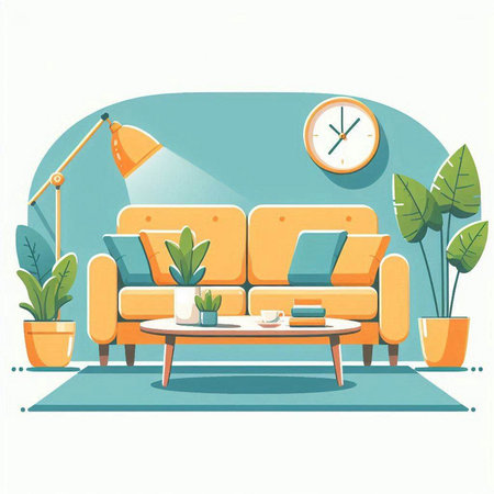Living room interior with sofa, coffee table and plants. Vector illustrationのイラスト素材