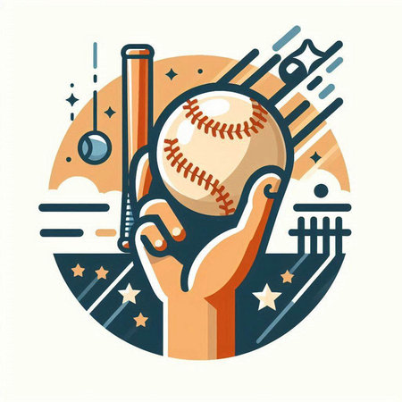 Vector illustration of baseball player hand with ball and bat. Flat style design.のイラスト素材
