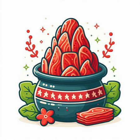Hand drawn vector illustration of a cauldron filled with red strawberries.のイラスト素材