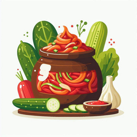 Tomato sauce in pot with cucumber, tomato, onion and garlic. Vector illustration.のイラスト素材